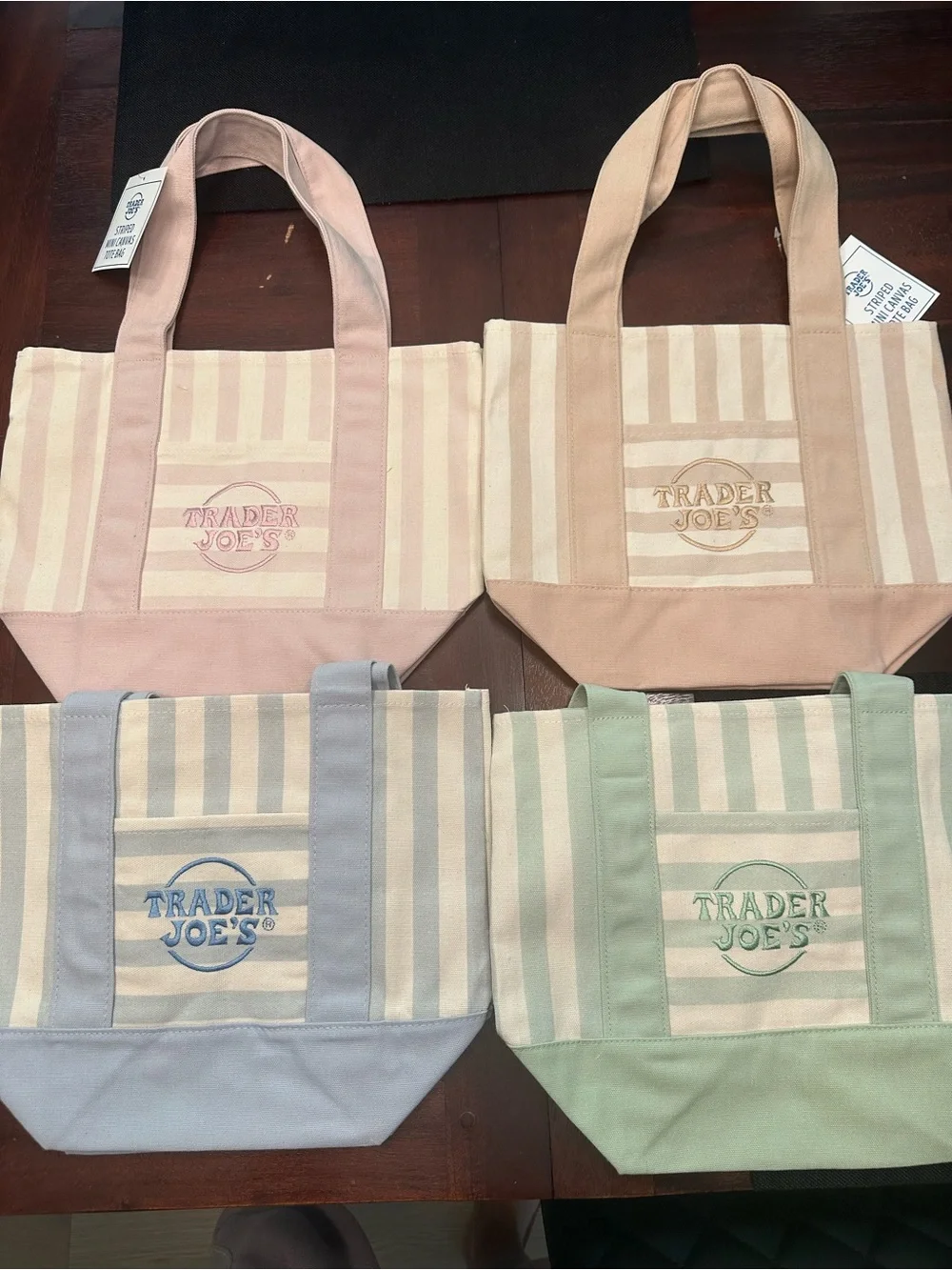 NWT Trade Joe’s Mini Striped Canvas Tote Bags Set of 4 - Pink, Tan, Blue, Green